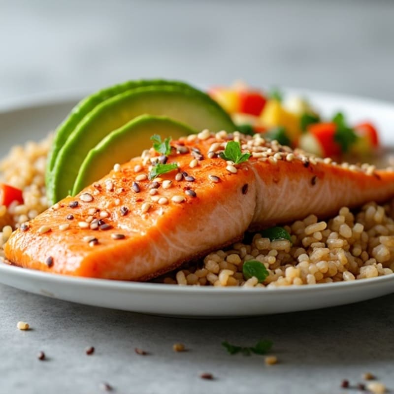 Sesame Salmon with Brown Rice, Creamy Avocado, and Crunchy Vegetables