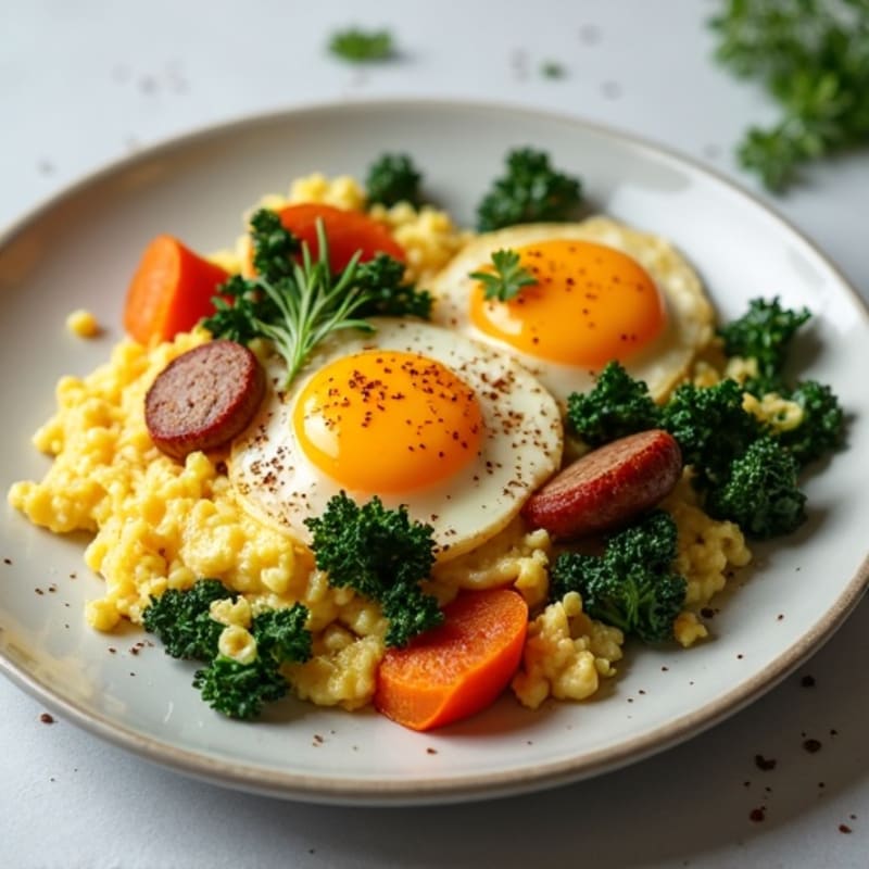 High-Protein Egg Scramble with Crispy Sweet Potatoes and Kale