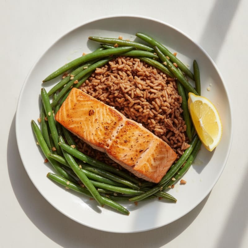 Seared Salmon with Garlic Green Beans and Brown Rice