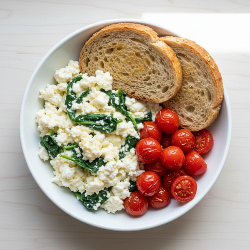 Egg White and Cottage Cheese Scramble with Spinach and Cherry Tomatoes