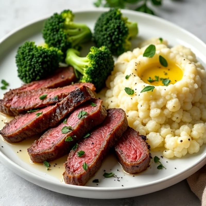 Seared Lean Beef Strips with Roasted Broccoli and Cauliflower Mash