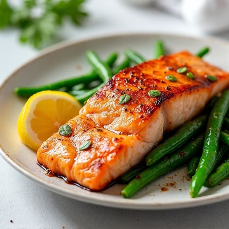 Crispy Pan-Seared Salmon with Garlic Green Beans