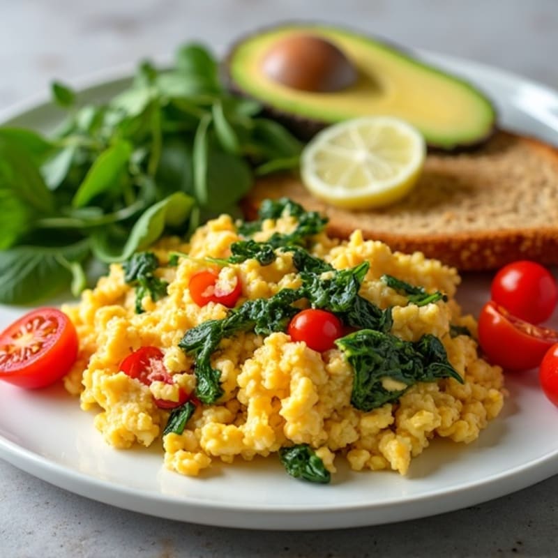 Cottage Cheese Scramble with Sautéed Spinach and Cherry Tomatoes