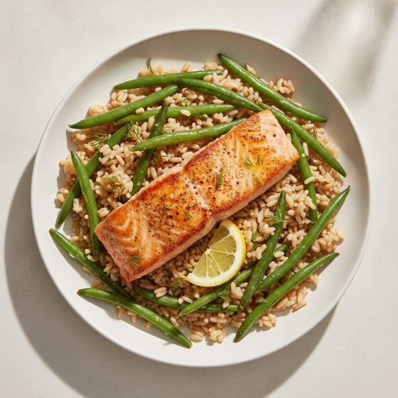 Seared Salmon Fillet with Steamed Green Beans and Brown Rice