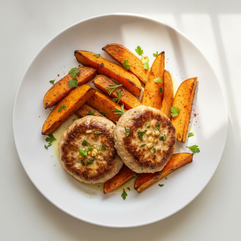Seared Turkey Patties with Roasted Sweet Potato Wedges