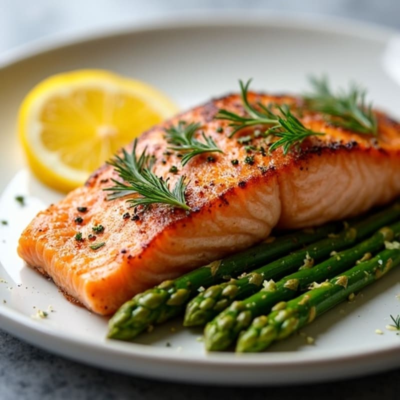 Crispy Pan-Seared Salmon with Lemon-Dill Roasted Asparagus