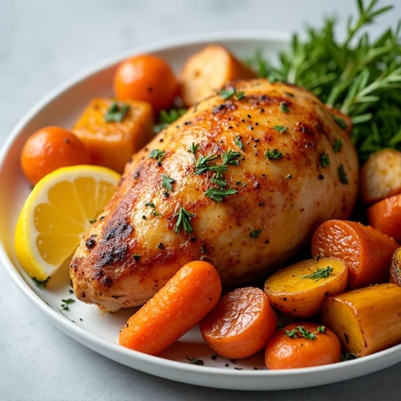 Crispy Lemon Herb Roasted Chicken with Roasted Root Vegetables