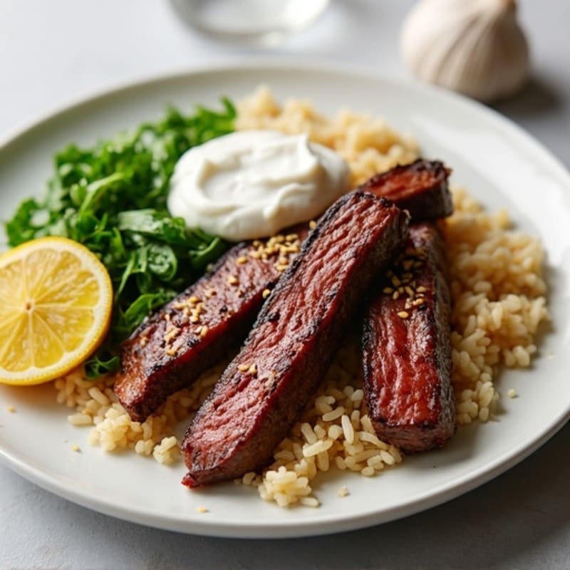 Seared Beef Strips with Steamed Brown Rice and Garlic Sautéed Greens