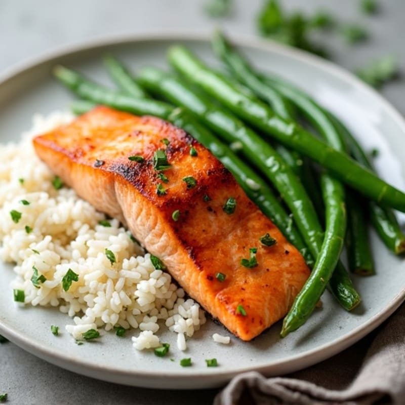 Seared Salmon with Steamed Green Beans and Herb Rice