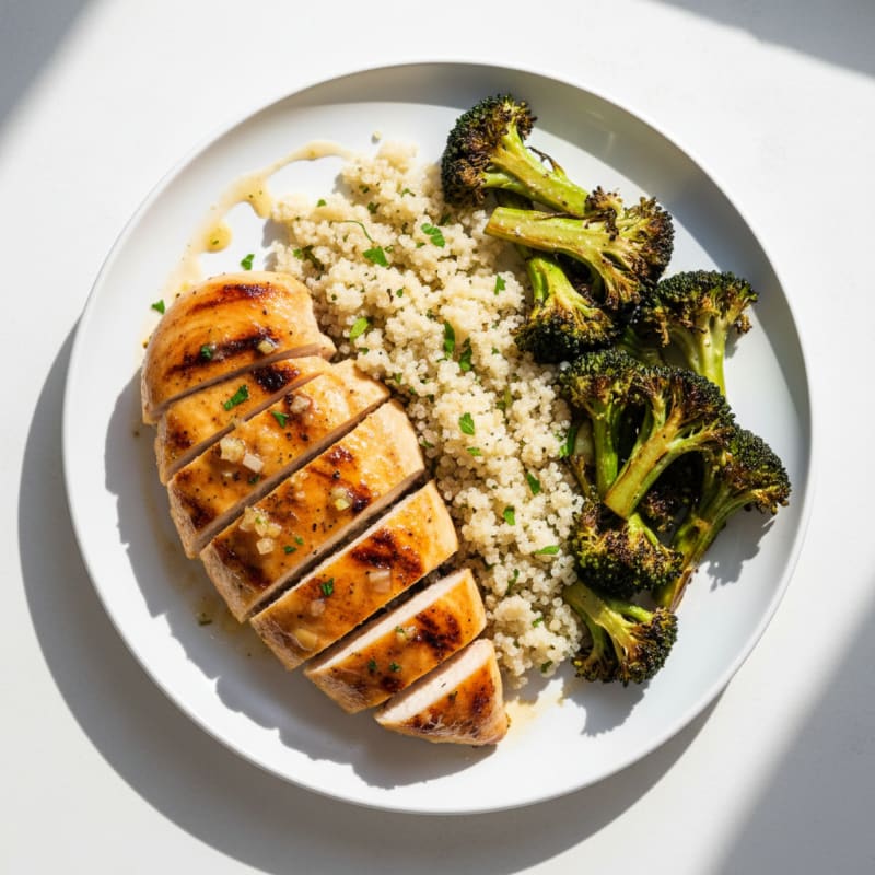 Grilled Lemon-Garlic Chicken Breast with Quinoa and Roasted Broccoli