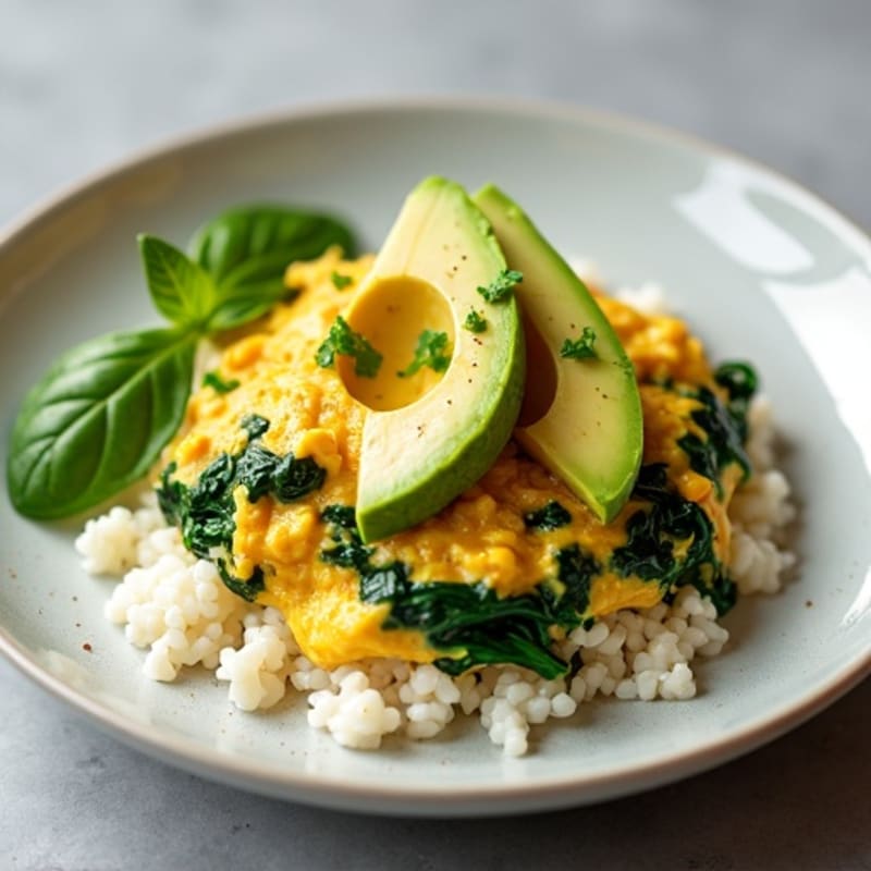 Scrambled Eggs with Chicken, Spinach, and Avocado over Rice