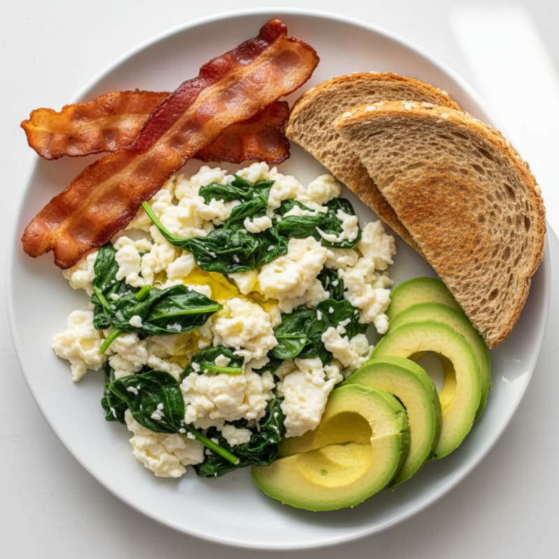 Crispy Turkey Bacon and Egg White Scramble with Sautéed Spinach