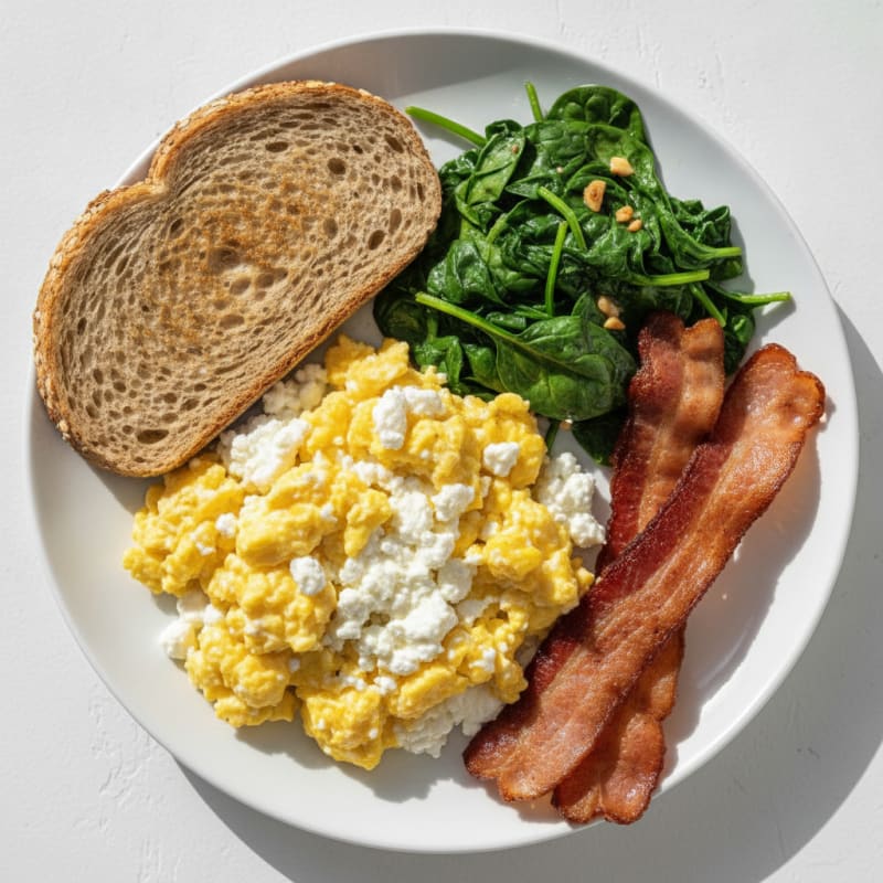 Cottage Cheese Egg Scramble with Sautéed Spinach and Turkey Bacon