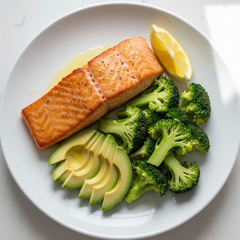 Seared Salmon with Steamed Broccoli and Avocado Slices