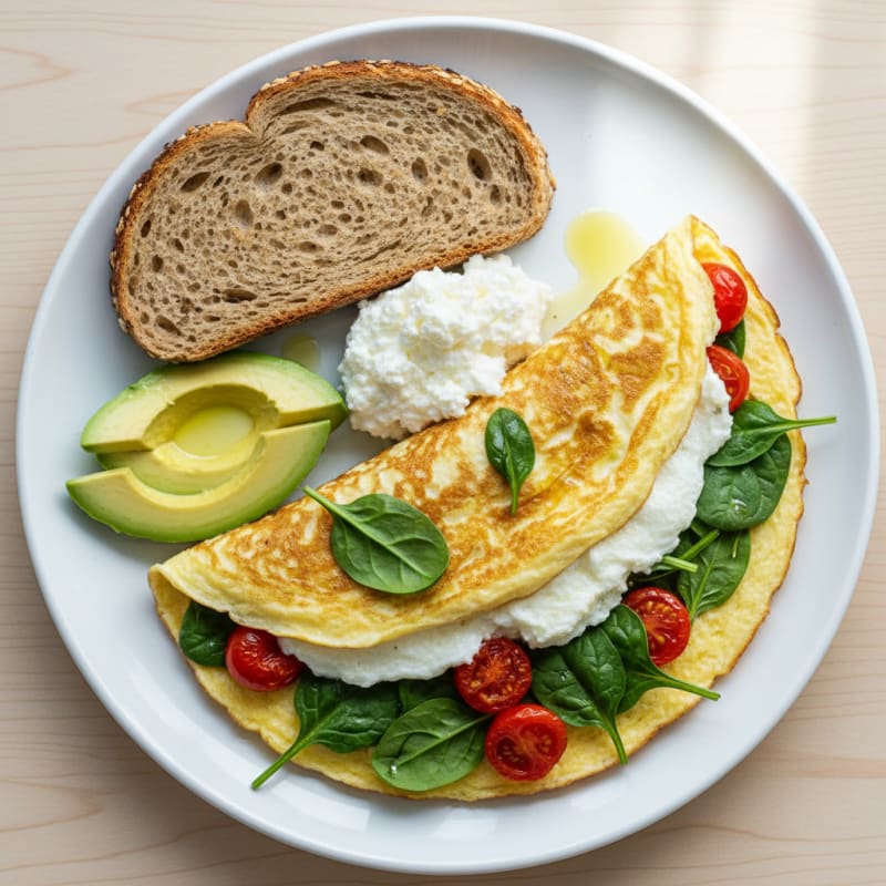 Egg White Spinach Omelette with Cottage Cheese and Cherry Tomatoes