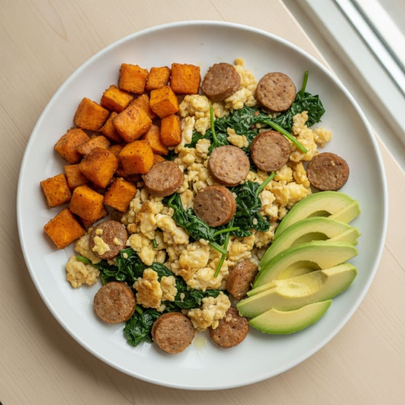 Egg White Scramble with Turkey Sausage and Sautéed Spinach