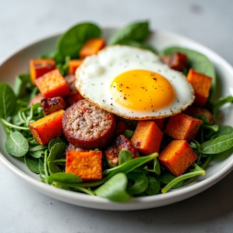 Crispy Sweet Potato and Turkey Sausage Hash with Fresh Greens
