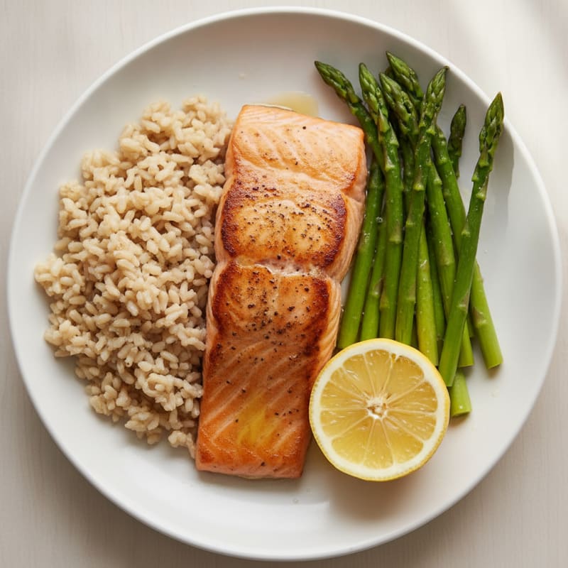 Seared Salmon with Steamed Asparagus and Brown Rice