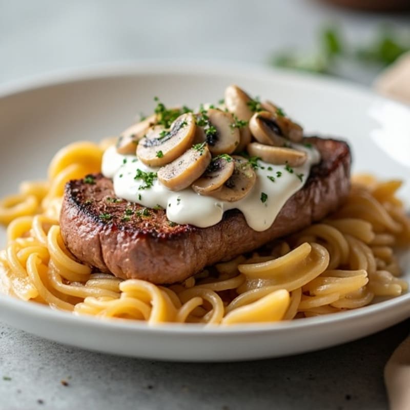 Lean Beef with Creamy Mushroom Sauce and Whole Wheat Pasta