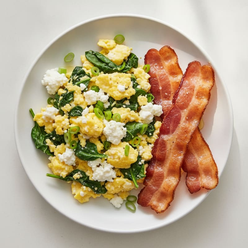 Cottage Cheese Egg Scramble with Spinach and Turkey Bacon