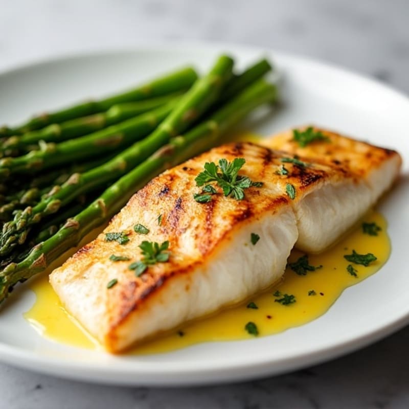 Grilled Hake with Zesty Lemon Butter and Roasted Asparagus