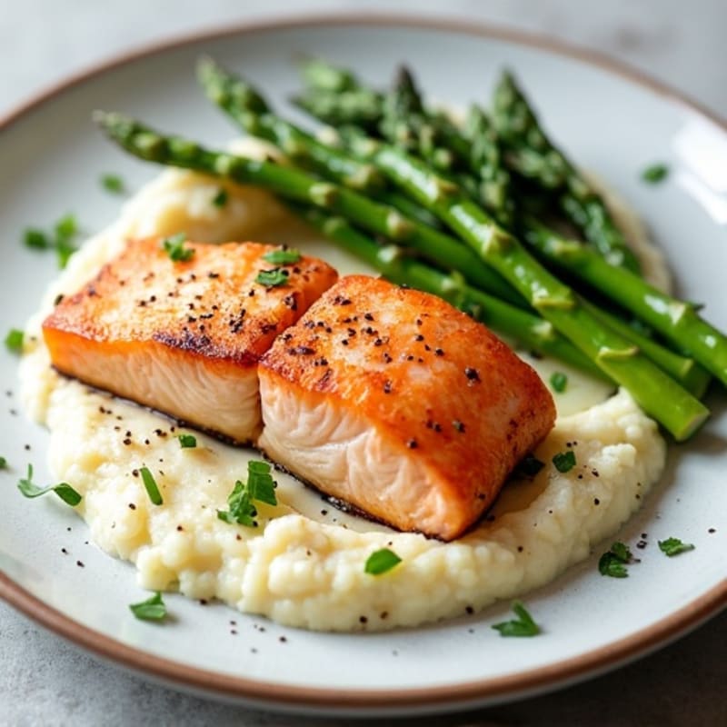 Seared Salmon with Steamed Asparagus and Cauliflower Mash