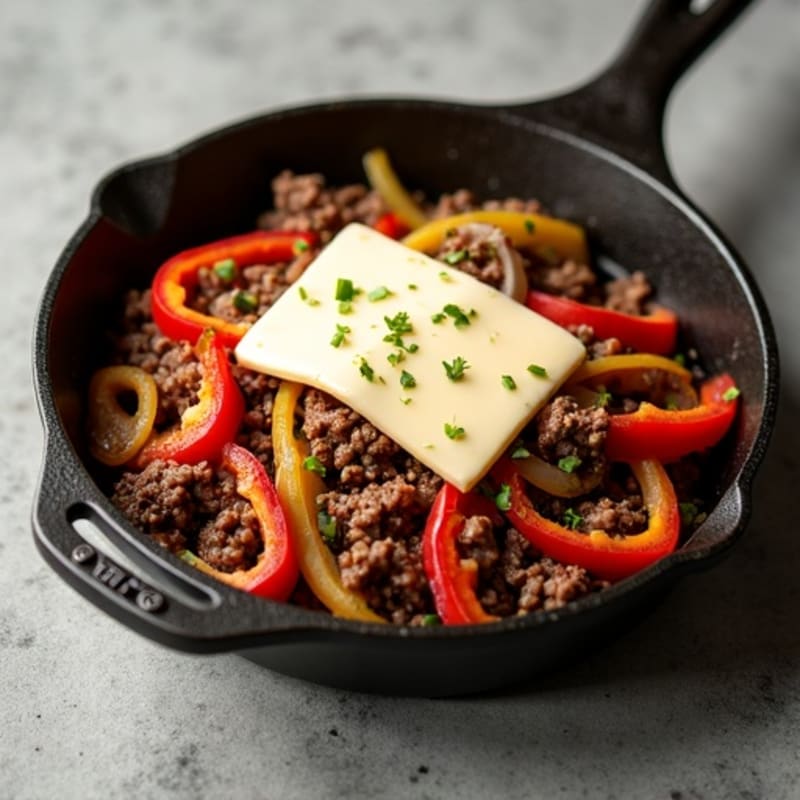 Lean Beef Skillet with Sautéed Peppers, Onions, and Creamy Provolone