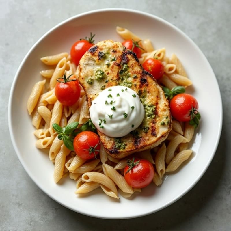 Creamy Pesto Chicken with Whole Wheat Pasta and Roasted Cherry Tomatoes