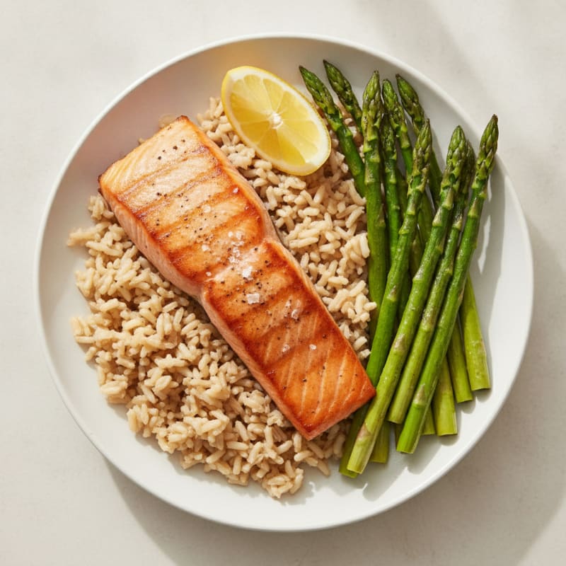 Seared Salmon with Roasted Asparagus and Brown Rice