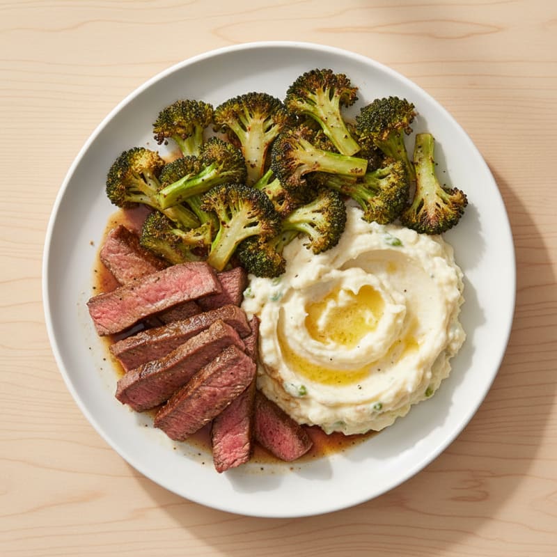 Seared Lean Beef Strips with Roasted Broccoli and Cauliflower Mash