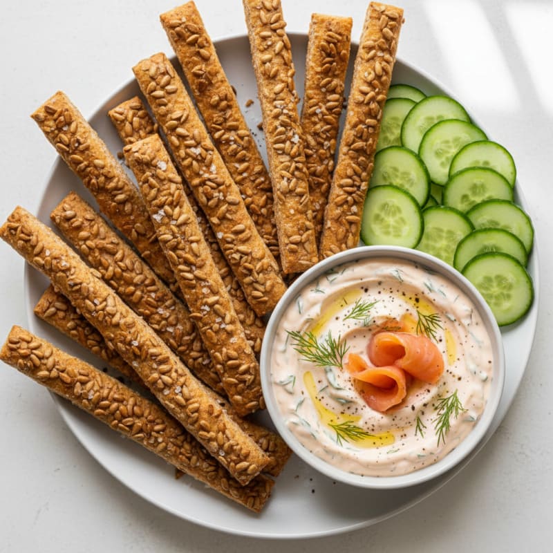 Whole Wheat Breadsticks with Sunflower Seeds and Smoked Salmon Dip
