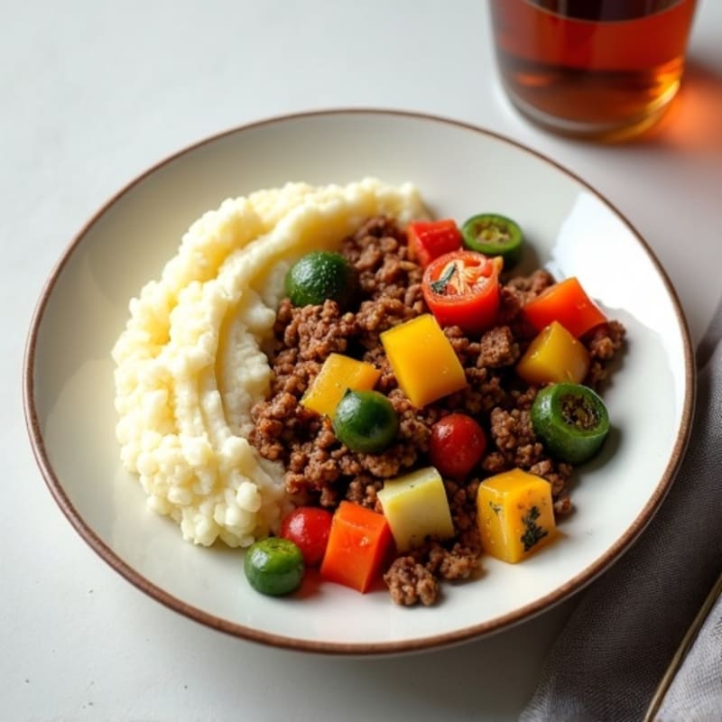 Lean Ground Beef and Hearty Vegetable Bake with Creamy Cauliflower Mash