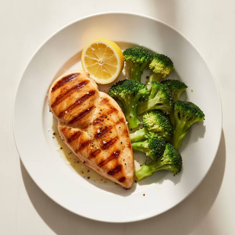 Grilled Chicken Breast with Steamed Broccoli and Lemon