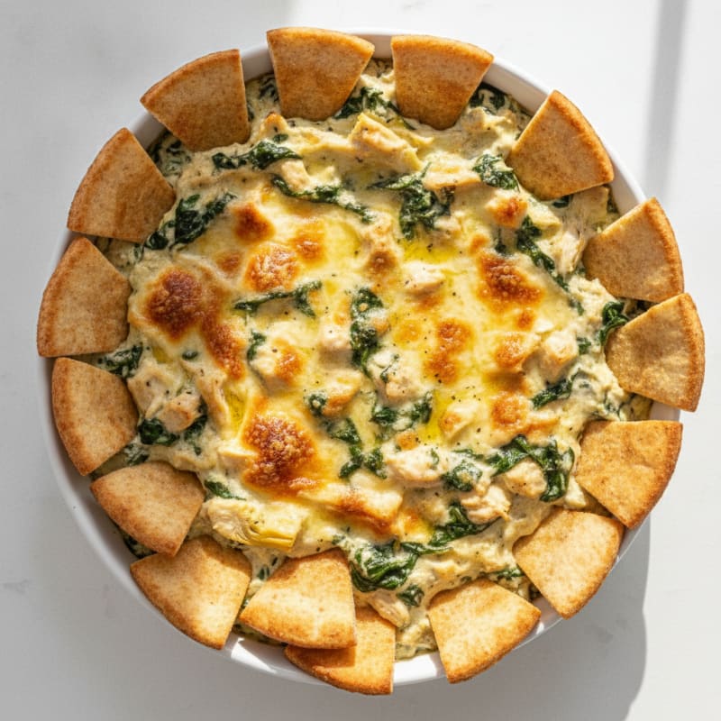 Baked Spinach Artichoke Dip with Toasted Pita