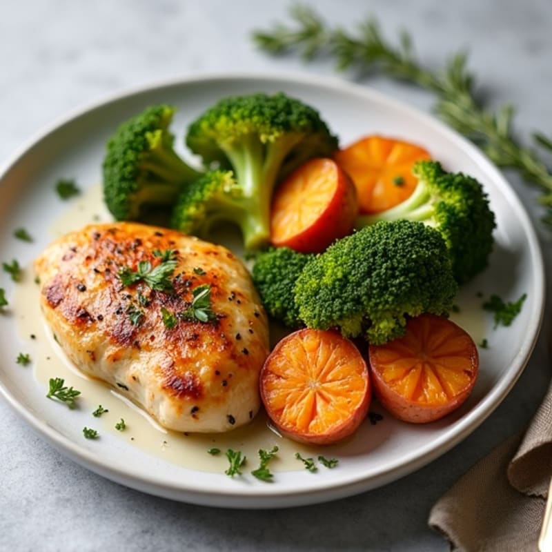 Lemon-Herb Roasted Chicken with Crispy Roasted Broccoli and Sweet Potatoes