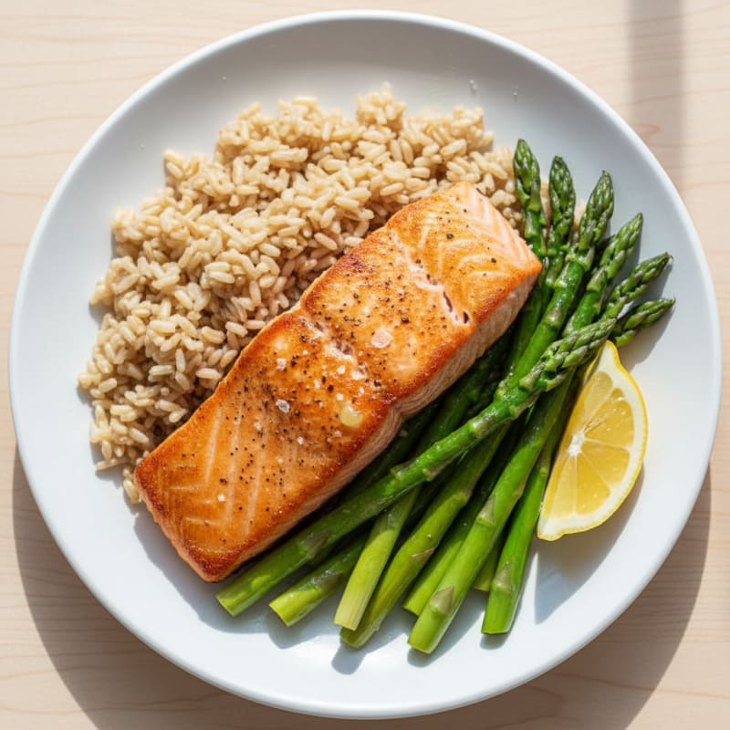 Seared Salmon Fillet with Steamed Asparagus and Brown Rice