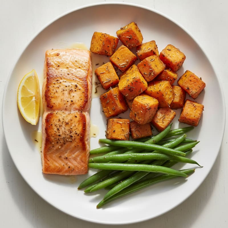 Seared Salmon with Herb-Roasted Sweet Potatoes and Steamed Green Beans