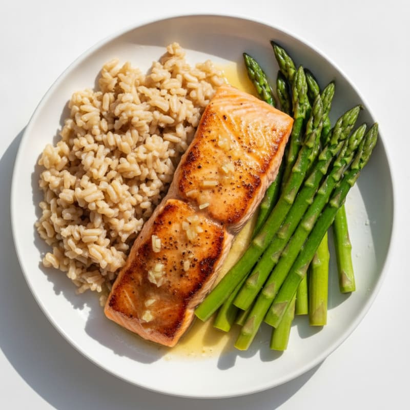 Seared Salmon with Steamed Asparagus and Brown Rice