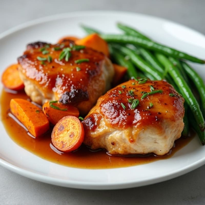 Sticky Maple-Glazed Chicken Thighs with Roasted Sweet Potatoes and Crispy Green Beans