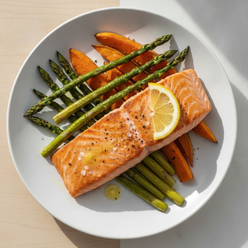Seared Salmon Fillet with Roasted Asparagus and Sweet Potato