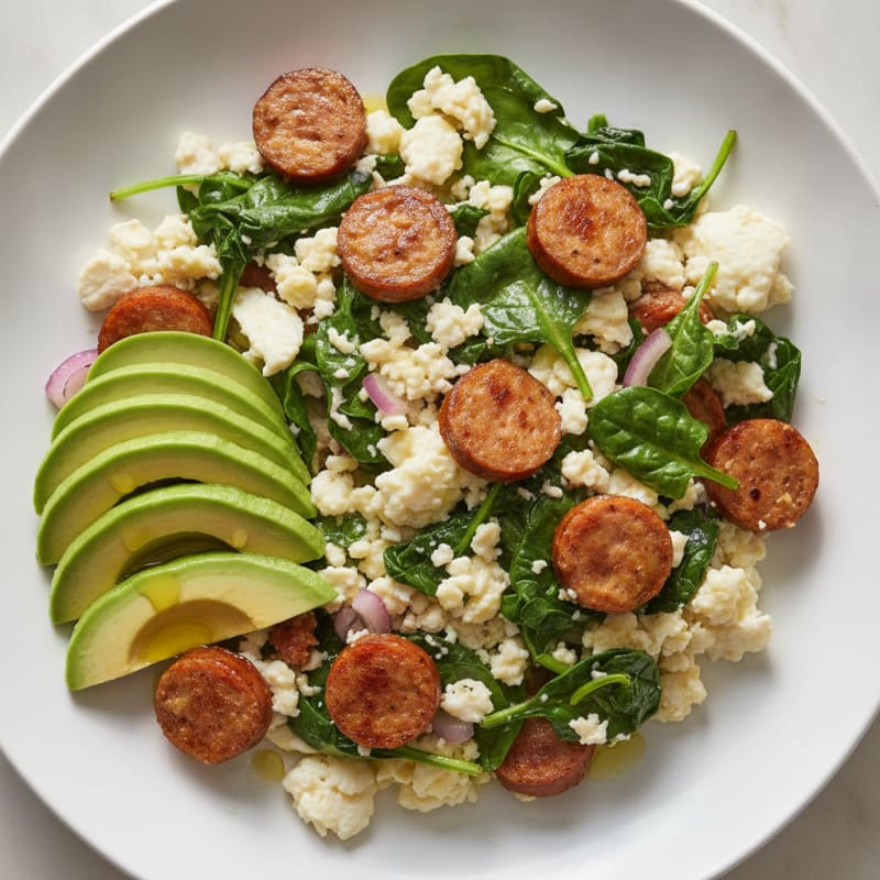 Egg White Scramble with Turkey Sausage and Sautéed Spinach