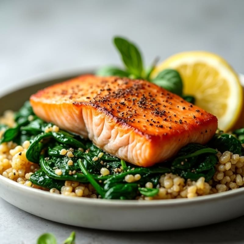 Seared Salmon with Quinoa and Garlic Sautéed Spinach