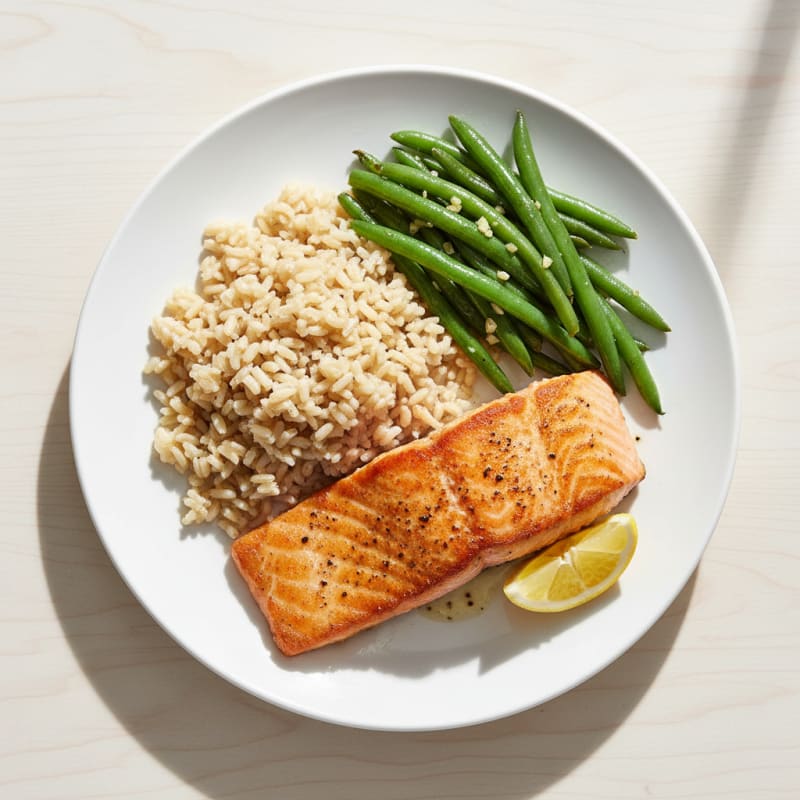 Seared Salmon Fillet with Garlic Green Beans and Brown Rice