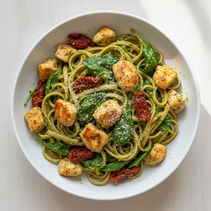 Pesto Chicken Linguine with Sun-Dried Tomatoes