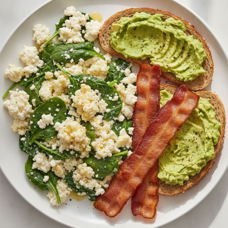 Egg White and Cottage Cheese Scramble with Spinach and Turkey Bacon