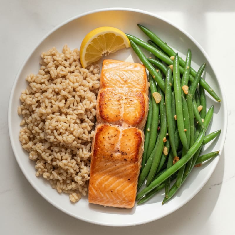 Seared Salmon with Garlic Green Beans and Brown Rice
