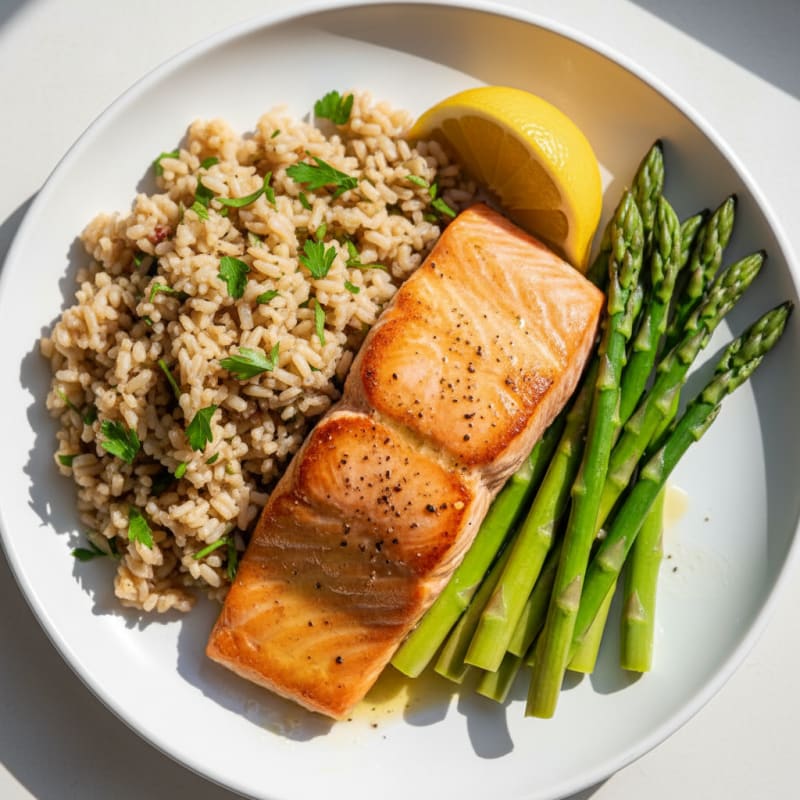 Seared Salmon Fillet with Steamed Asparagus and Herbed Brown Rice