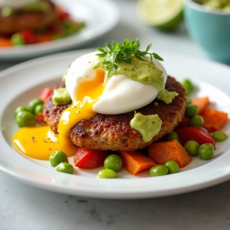 Poached Eggs with Crispy Sweet Potato Hash and Creamy Avocado Sauce