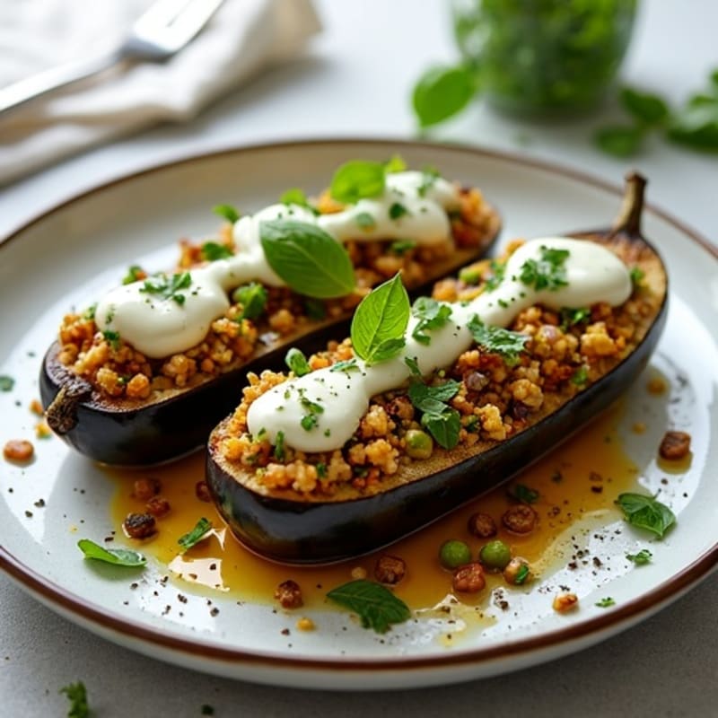 Quinoa-Lentil Stuffed Eggplant Boats with Herb Cashew Cream