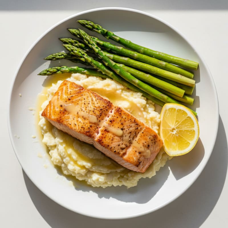 Seared Salmon with Steamed Asparagus and Garlic Mashed Cauliflower